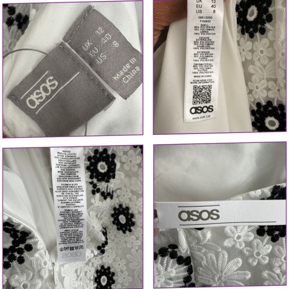 ASOS EDITION Black & White Floral Embroidered Puff Sleeve Mini Dress Size 8 NWT - Picture 10 of 12